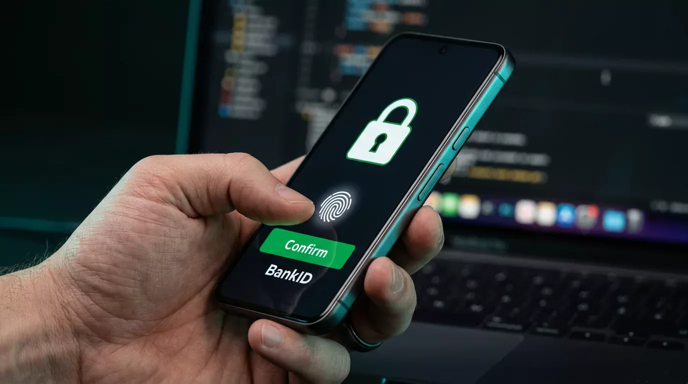 Hand håller mobiltelefon med BankID-app öppen för signering