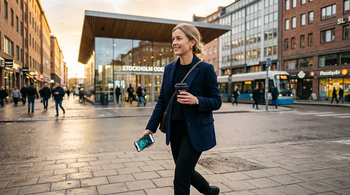 Person använder mobil betalningsteknik i modern svensk stadsmiljö