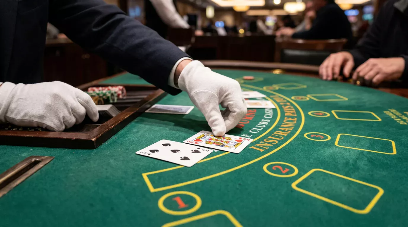 Live blackjack-bord med generiska markeringar och dealer