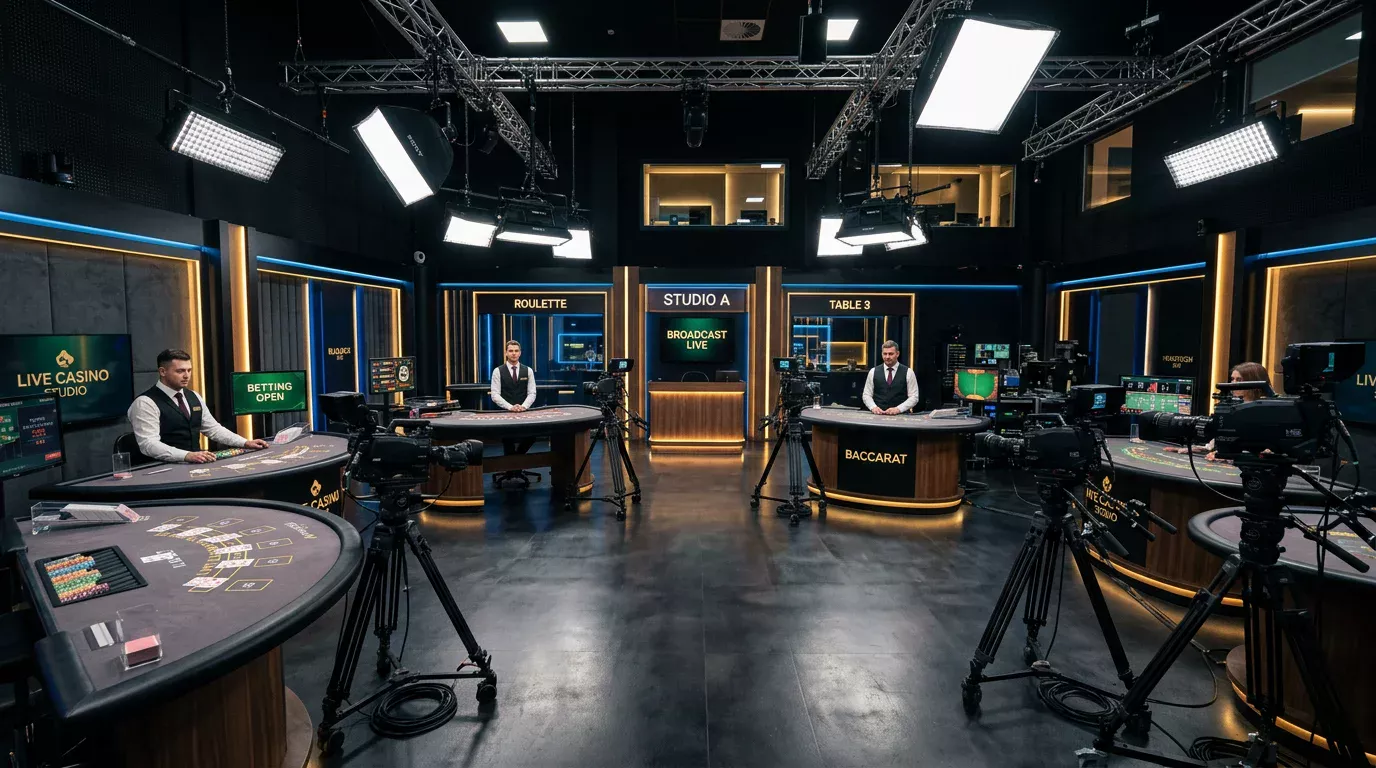 Modern live casino-studio med flera bord och kameror