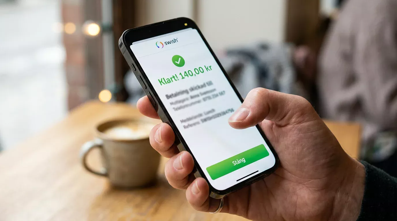 Detaljerat bekräftelseflöde i Swish-appen vid casinotransaktion